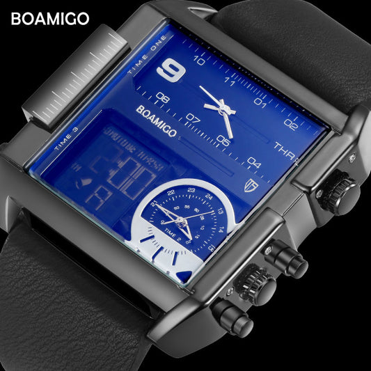 BOAMIGO Brand Men Sports Watches 3 Time Zones Time