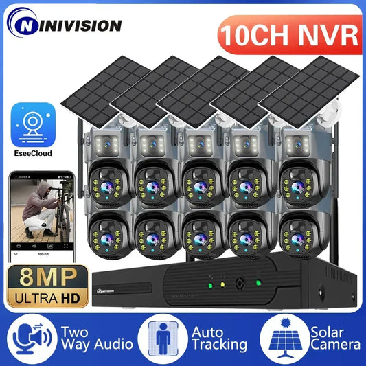 4K Dual Lens 8MP Wifi Solar CCTV Camera System 10CH Wireless  PTZ  Kit