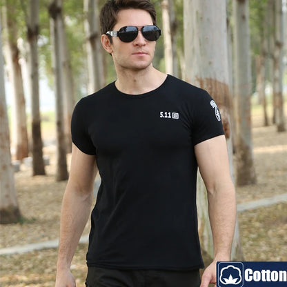 511 Special Forces Outdoor Military Suit Short Sleeve Men Pure Cotton Elastic Bottom Shirt Summer Black Tight Round Neck T-shirt