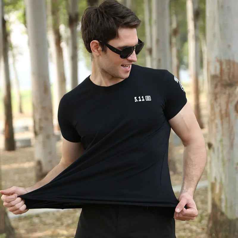 511 Special Forces Outdoor Military Suit Short Sleeve Men Pure Cotton Elastic Bottom Shirt Summer Black Tight Round Neck T-shirt