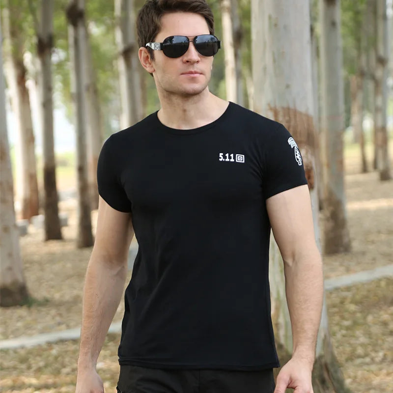 511 Special Forces Outdoor Military Suit Short Sleeve Men Pure Cotton Elastic Bottom Shirt Summer Black Tight Round Neck T-shirt