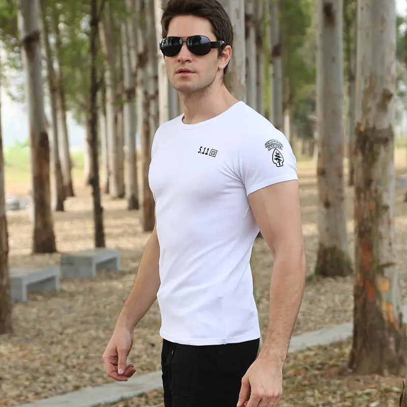 511 Special Forces Outdoor Military Suit Short Sleeve Men Pure Cotton Elastic Bottom Shirt Summer Black Tight Round Neck T-shirt