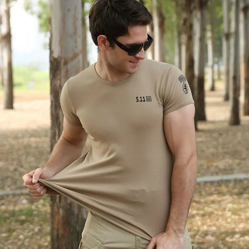 511 Special Forces Outdoor Military Suit Short Sleeve Men Pure Cotton Elastic Bottom Shirt Summer Black Tight Round Neck T-shirt