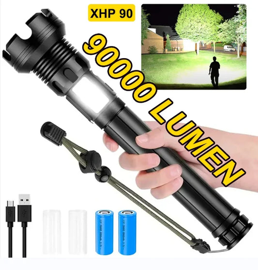 "Illuminate Your World: 90000 Lumens XHP90 LED Tactical Flashlight - Power & Precision"