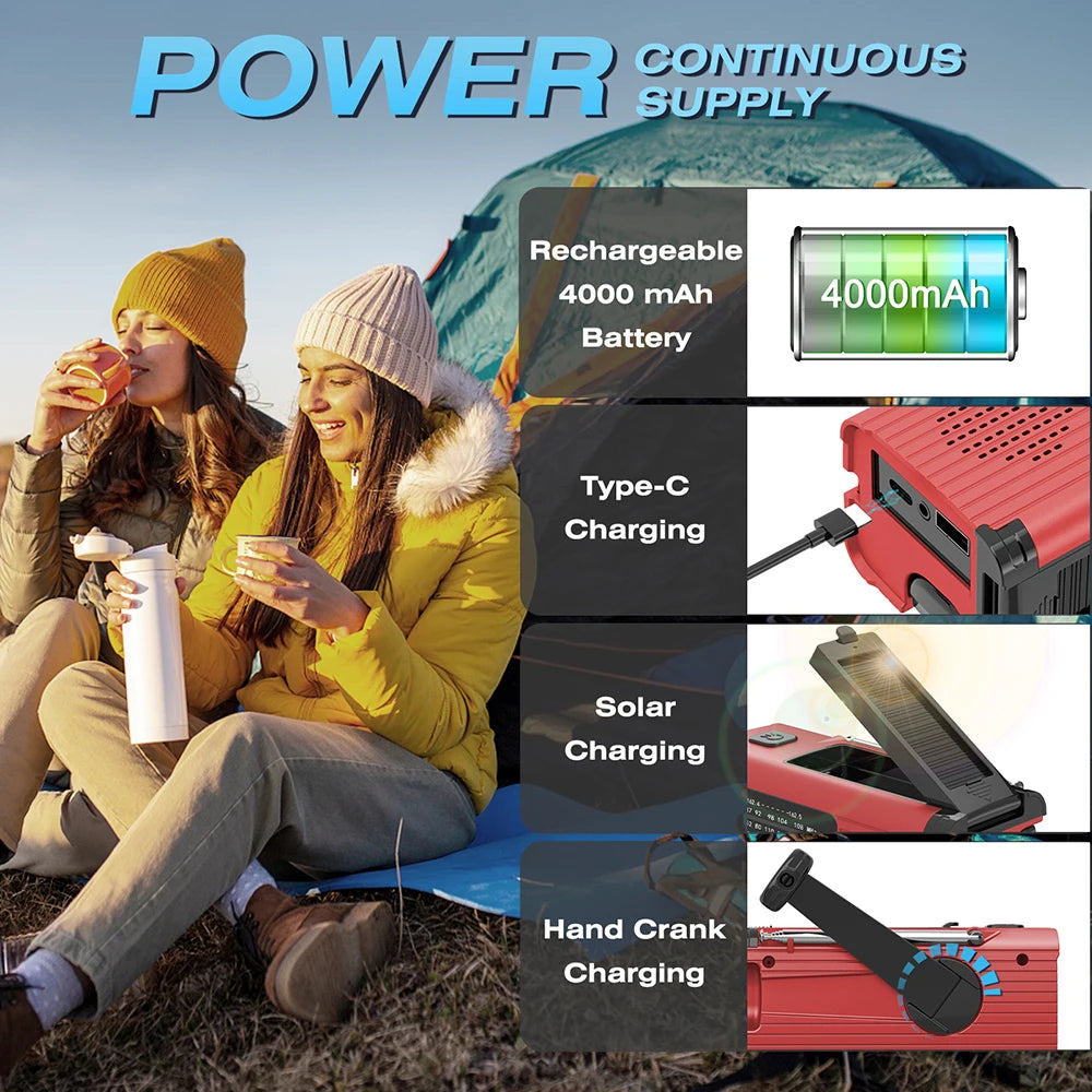 "All-in-One Survival Tool: Emergency Hand Crank Radio with Solar Power & Power Bank"