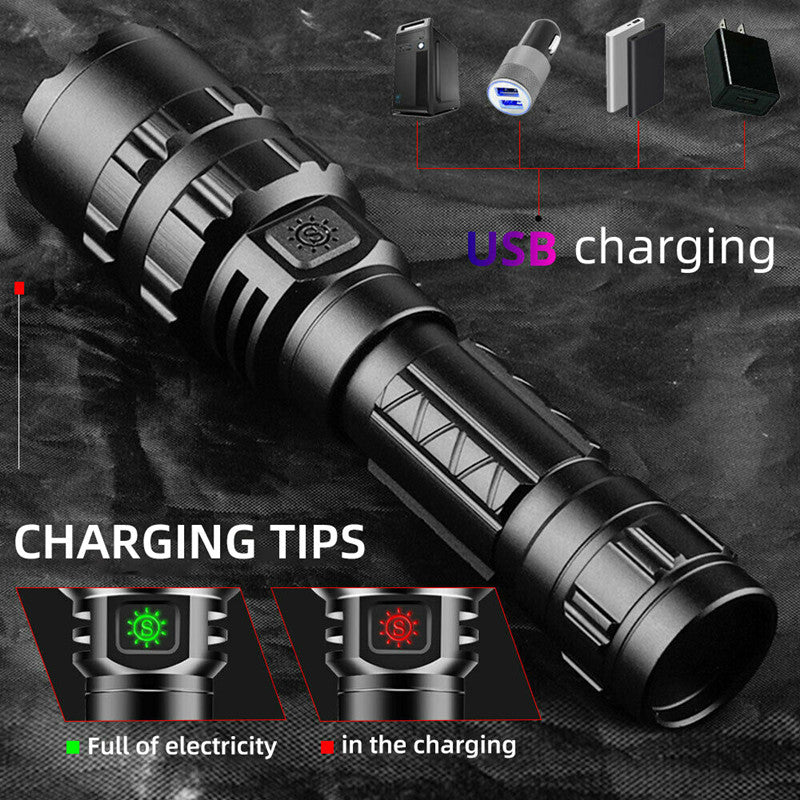 Mini Long-Range USB Charging 10W Aluminum Alloy Outdoor Home LED Tactical Strong Light Flashlight Set