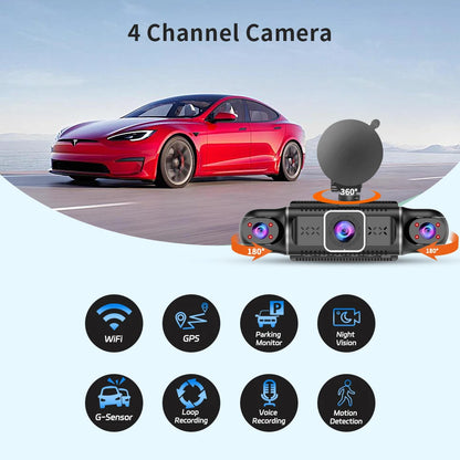 64GB 360 Degrees Car DVR Dash Cam WiFi GPS 24h Parking Monitor 4 Lens*HD 1080P Video Recorder APP Control Hard-wired Tool