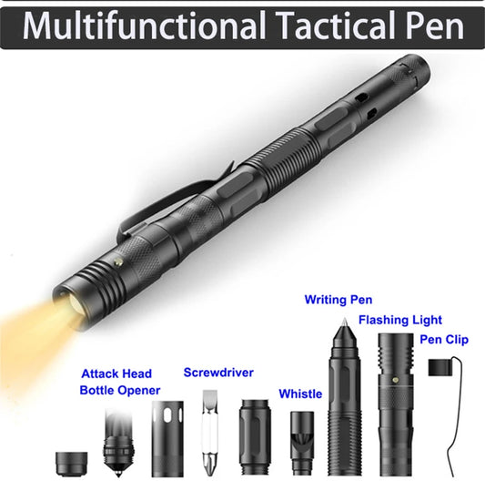 Military Tactical Pen EDC Pen with LED Flashlight Self Defense Glass Breaker Survival Pen Multifunctional Tool Emergency Whistle