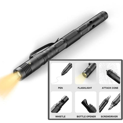 Military Tactical Pen EDC Pen with LED Flashlight Self Defense Glass Breaker Survival Pen Multifunctional Tool Emergency Whistle