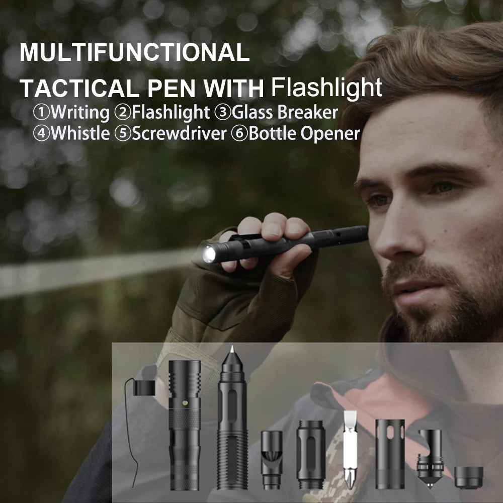 Military Tactical Pen EDC Pen with LED Flashlight Self Defense Glass Breaker Survival Pen Multifunctional Tool Emergency Whistle