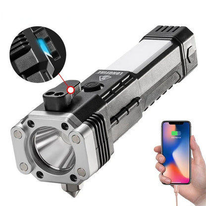 Multifunctional 3W LED Flashlight: USB Charging, COB Side Light, Safety Hammer, Magnet Base - Ideal for Camping & Emergency