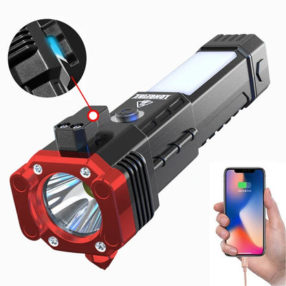 Multifunctional 3W LED Flashlight: USB Charging, COB Side Light, Safety Hammer, Magnet Base - Ideal for Camping & Emergency