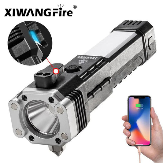 Multifunctional 3W LED Flashlight: USB Charging, COB Side Light, Safety Hammer, Magnet Base - Ideal for Camping & Emergency