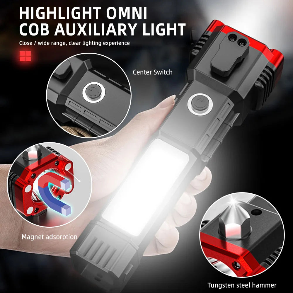 Multifunctional 3W LED Flashlight: USB Charging, COB Side Light, Safety Hammer, Magnet Base - Ideal for Camping & Emergency