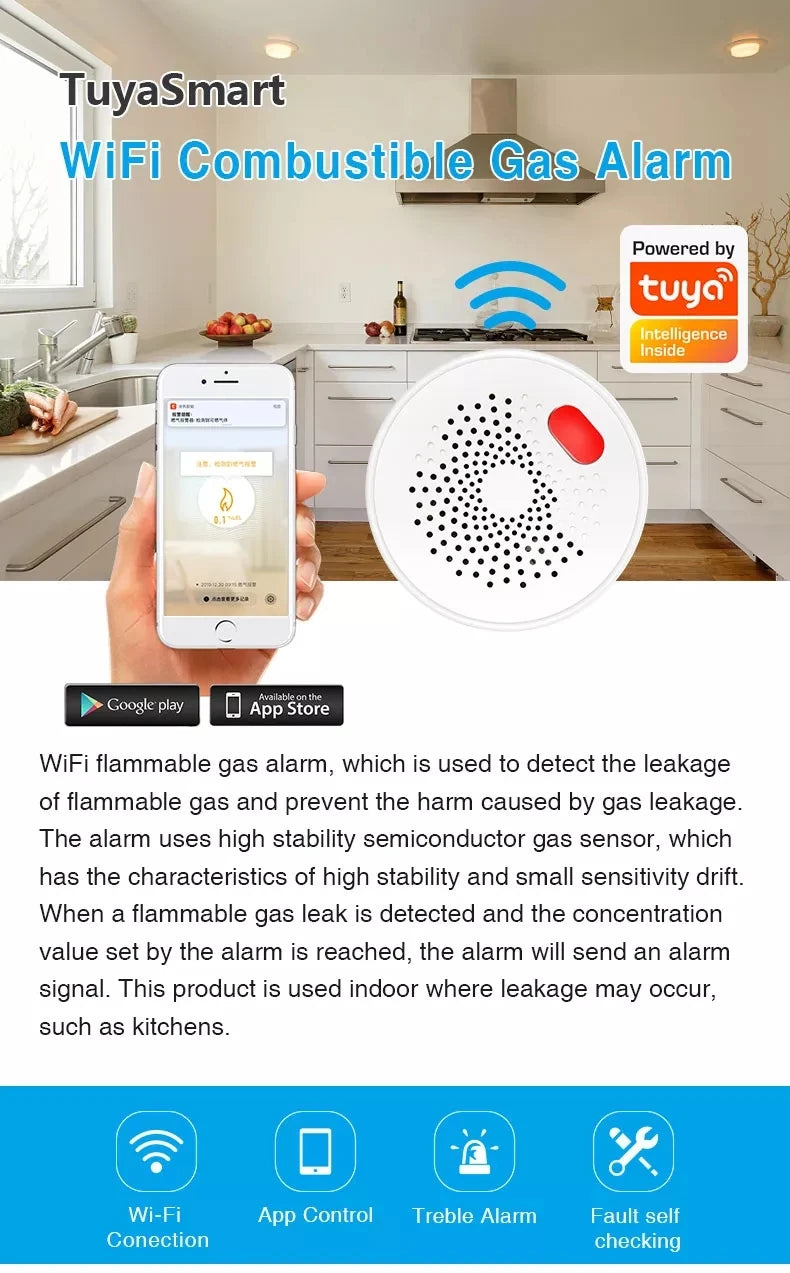 SMARSECUR Tuya WiFi GAS LPG Leak alarm Fire Security detector APP Control Safety smart home Leakage sensor