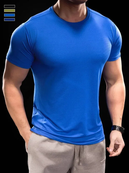 Ice Silk Men's Running Gym Shirt - Elastic Fit Quick Dry Sports Tee for Summer