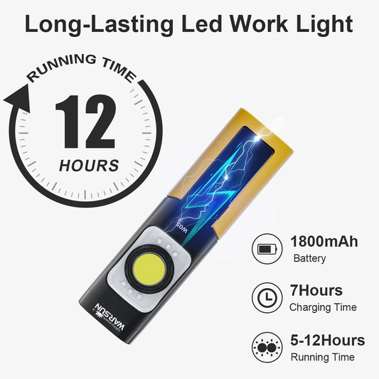 WARSUN LED Work Light , Rechargeable with Magnetic Base, Flashlight with Clip, Hook and 180° Rotation Stand