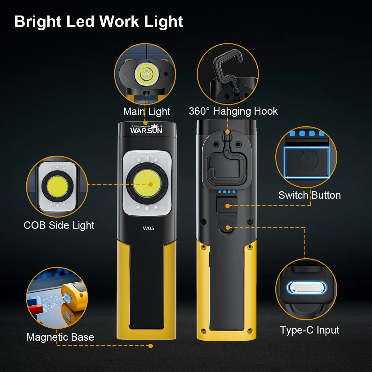 WARSUN LED Work Light , Rechargeable with Magnetic Base, Flashlight with Clip, Hook and 180° Rotation Stand