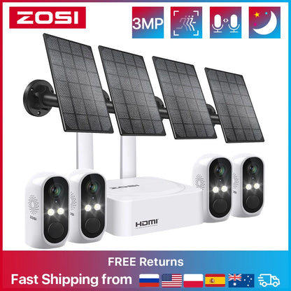 ZOSI 2K 8CH Solar Powered Wireless Security Camera System 3MP Outdoor Cameras with Two Way Audio Video Surveillance Kit